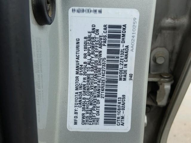 2T1KR32E74C273375 - 2004 TOYOTA MATRIX 银色 照片 10