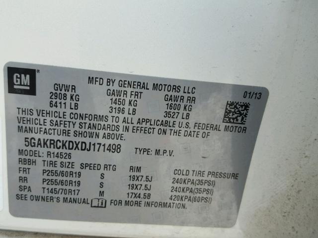 5GAKRCKDXDJ171498 - 2013 BUICK ENCLAVE WHITE photo 10