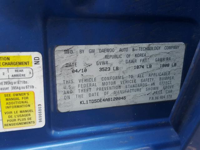 KL1TD5DE4AB120045 - 2010 CHEVROLET AVEO LS BLUE photo 10