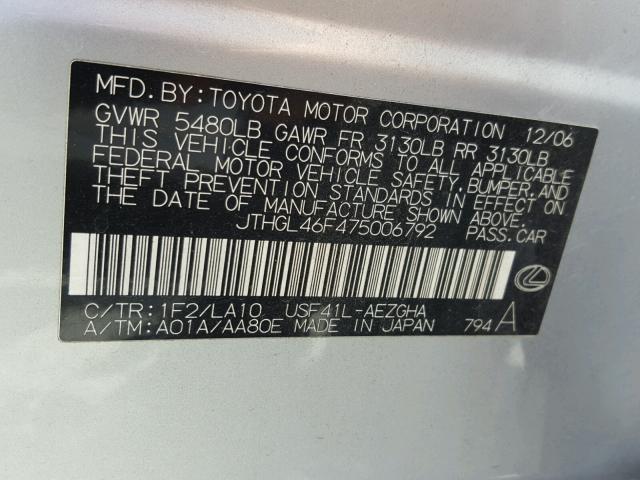 JTHGL46F475006792 - 2007 LEXUS LS 460L SILVER photo 10