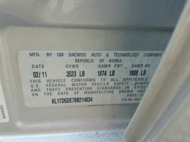 KL1TD5DE7BB214034 - 2011 CHEVROLET AVEO LS SILVER photo 10