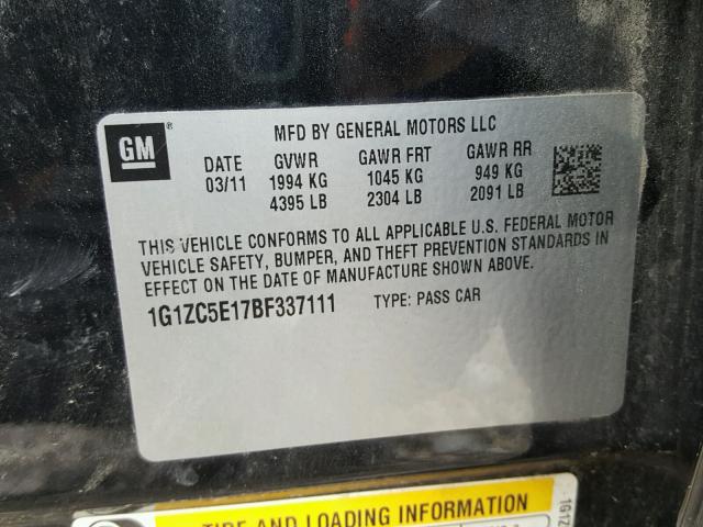 1G1ZC5E17BF337111 - 2011 CHEVROLET MALIBU 1LT CHARCOAL photo 10