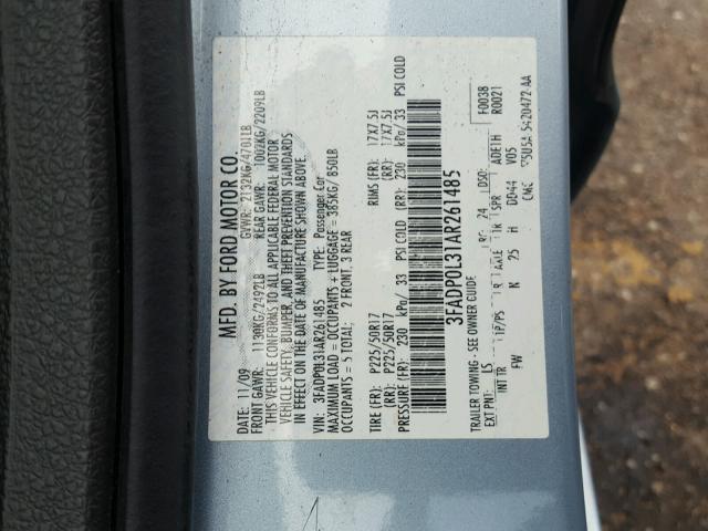 3FADP0L31AR261485 - 2010 FORD FUSION HYB BLUE photo 10