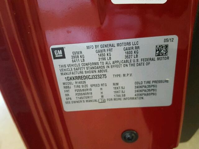 1GKKRRED6CJ323275 - 2012 GMC ACADIA SLT მუქწითელი ფოტო 10