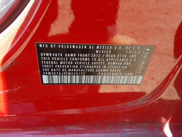 3VW2K7AJ0EM226172 - 2014 VOLKSWAGEN JETTA BASE 红色 照片 10