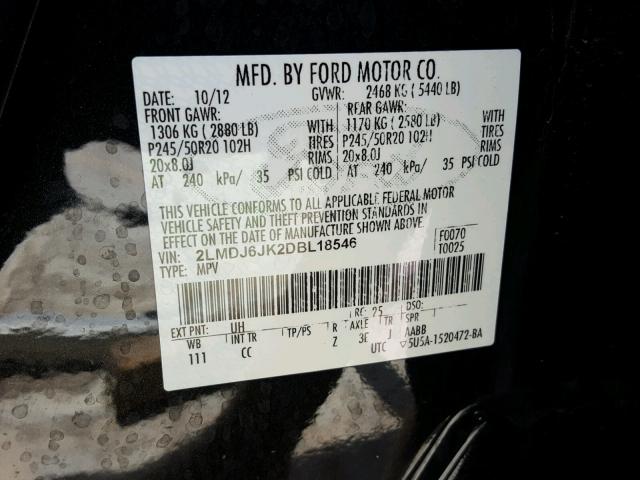 2LMDJ6JK2DBL18546 - 2013 LINCOLN MKX BLACK photo 10