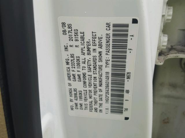 1HGCP26439A014918 - 2009 HONDA ACCORD LXP WHITE photo 10