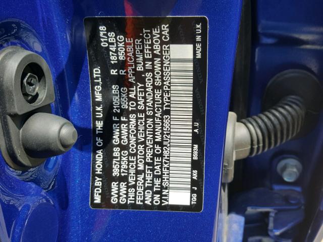 SHHFK7H82JU215663 - 2018 HONDA CIVIC EXL ლურჯი ფოტო 10