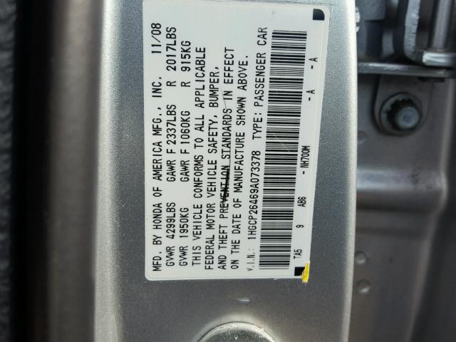 1HGCP26469A073378 - 2009 HONDA ACCORD LXP SILVER photo 10