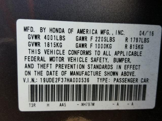 19UDE2F37HA000536 - 2017 ACURA ILX BASE GRAY photo 10