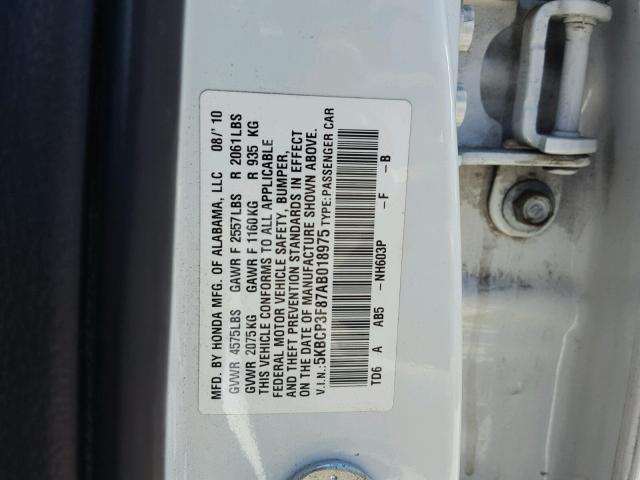 5KBCP3F87AB018975 - 2010 HONDA ACCORD EXL WHITE photo 10