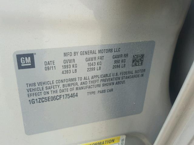 1G1ZC5E06CF175464 - 2012 CHEVROLET MALIBU 1LT ოქროსფერი ფოტო 10