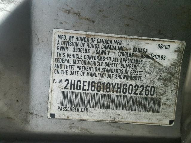 2HGEJ6619YH602250 - 2000 HONDA CIVIC BASE GRAY photo 10