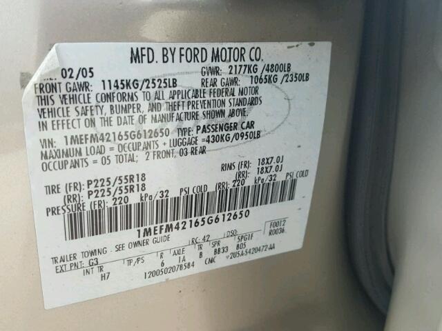 1MEFM42165G612650 - 2005 MERCURY MONTEGO PR 米色 照片 10