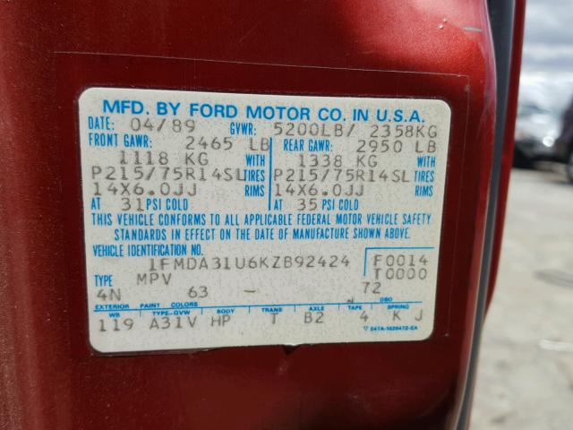 1FMDA31U6KZB92424 - 1989 FORD AEROSTAR MAROON photo 10