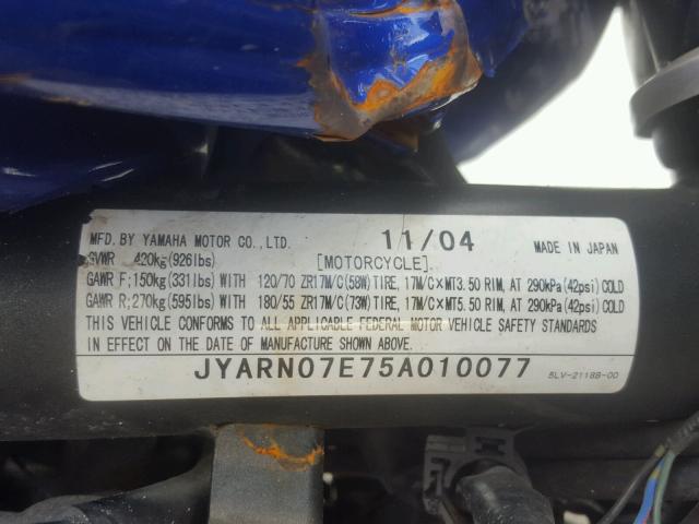 JYARN07E75A010077 - 2005 YAMAHA FZS10 BLUE photo 10