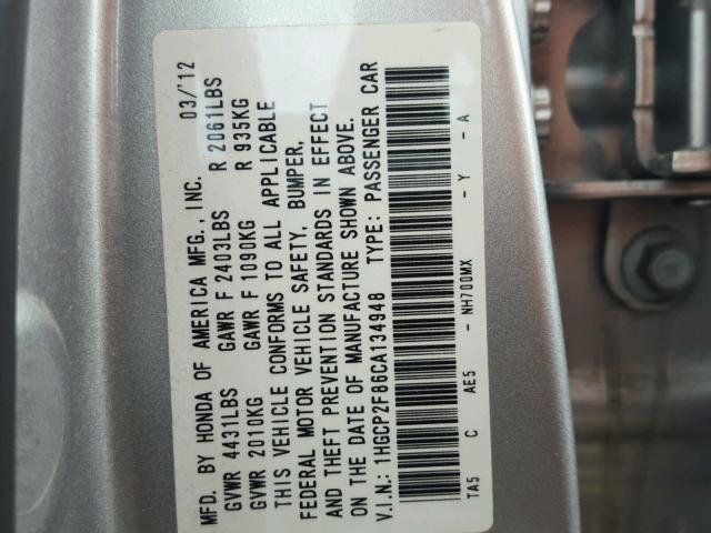 1HGCP2F86CA134948 - 2012 HONDA ACCORD EXL SILVER photo 10