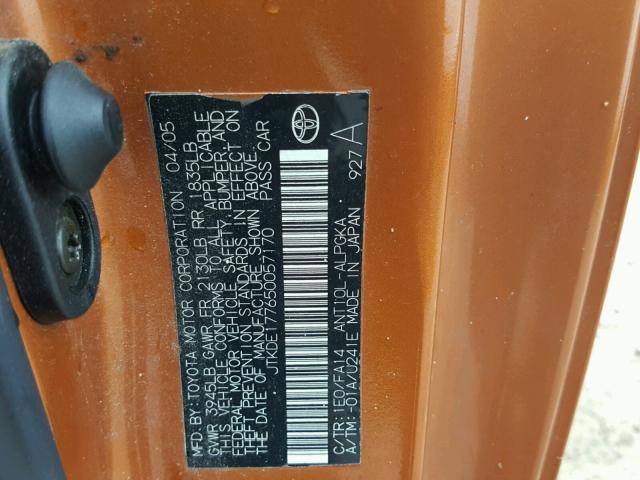 JTKDE177650057170 - 2005 TOYOTA SCION TC 橙色 照片 10