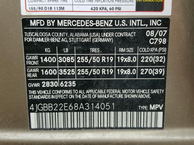 4JGBB22E68A314051 - 2008 MERCEDES-BENZ ML 320 CDI BROWN photo 10