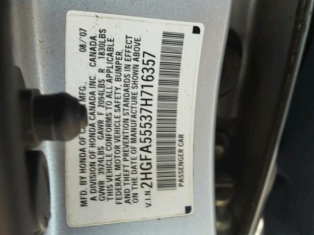 2HGFA55537H716357 - 2007 HONDA CIVIC SI SILVER photo 10