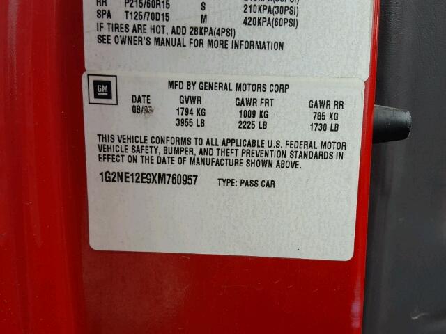 1G2NE12E9XM760957 - 1999 PONTIAC GRAND AM S წითელი ფოტო 10