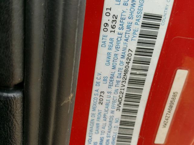 3VWDC21V32M804207 - 2002 VOLKSWAGEN CABRIO GLX 红色 照片 10