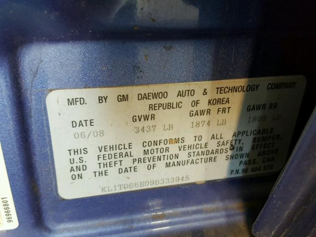 KL1TD66E09B333945 - 2009 CHEVROLET AVEO LS PURPLE photo 10