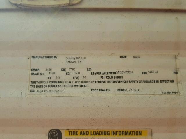 5L0RS23287T001278 - 2007 SUNL CAMPER TRL WHITE photo 10