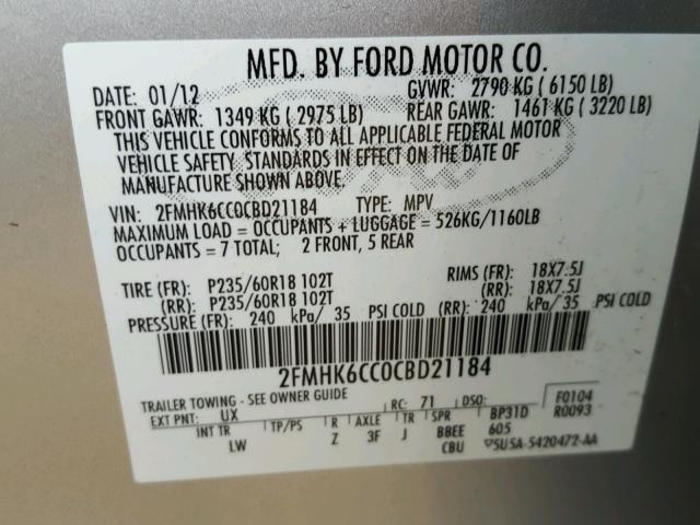 2FMHK6CC0CBD21184 - 2012 FORD FLEX SEL SILVER photo 10