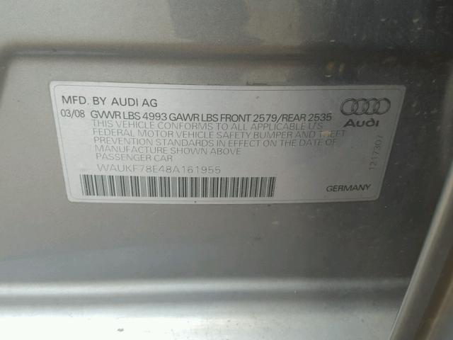 WAUKF78E48A161955 - 2008 AUDI A4 2.0T AV SILVER photo 10