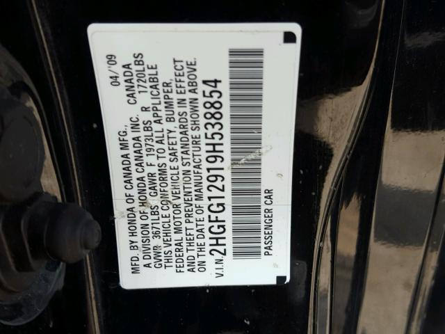 2HGFG12919H538854 - 2009 HONDA CIVIC EXL BLACK photo 10