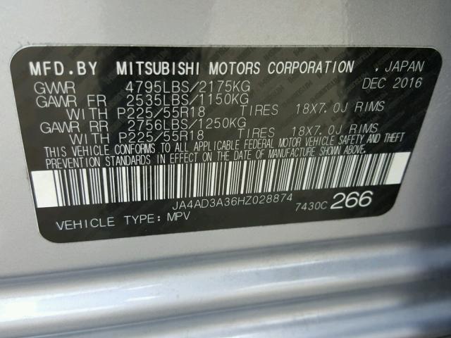 JA4AD3A36HZ028874 - 2017 MITSUBISHI OUTLANDER SILVER photo 10