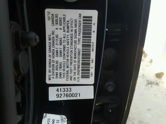 2HGFB6E54CH706627 - 2012 HONDA CIVIC SI BLACK photo 10