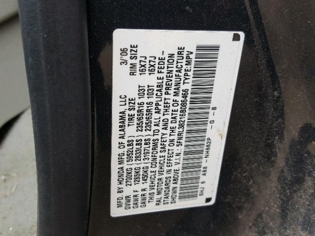 5FNRL38216B086466 - 2006 HONDA ODYSSEY LX GRAY photo 10