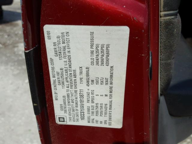 1GCCS19W918138711 - 2001 CHEVROLET S TRUCK S1 RED photo 10