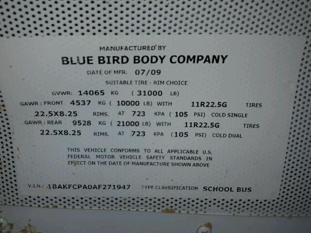 1BAKFCPA0AF271947 - 2010 BLUE BIRD SCHOOL BUS YELLOW photo 10