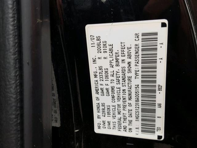 1HGCS12318A005154 - 2008 HONDA ACCORD LX- BLACK photo 10