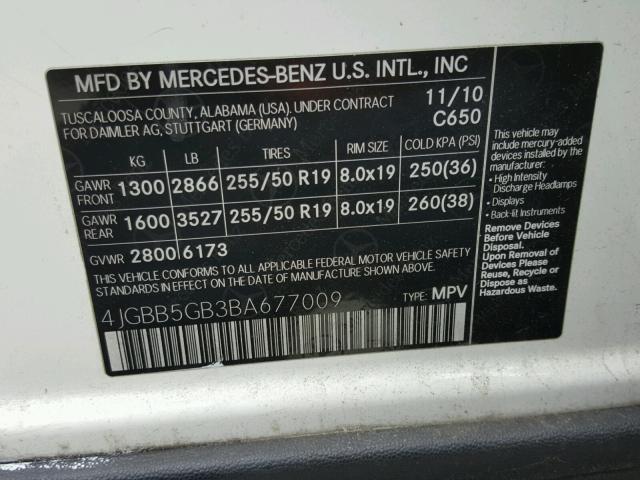 4JGBB5GB3BA677009 - 2011 MERCEDES-BENZ ML 350 WHITE photo 10