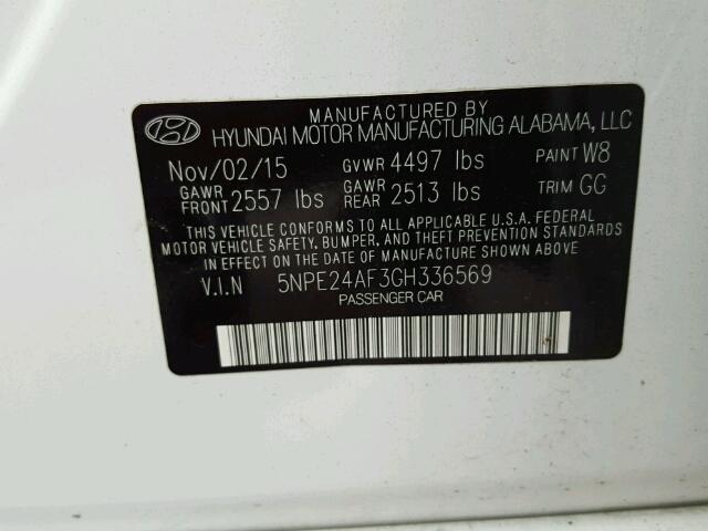 5NPE24AF3GH336569 - 2016 HYUNDAI SONATA SE WHITE photo 10