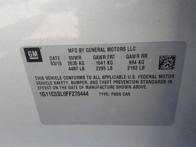 1G11C5SL0FF278444 - 2015 CHEVROLET MALIBU 1LT 银色 照片 10