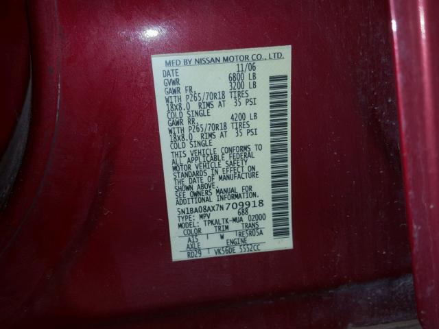 5N1BA08AX7N709918 - 2007 NISSAN ARMADA SE RED photo 10