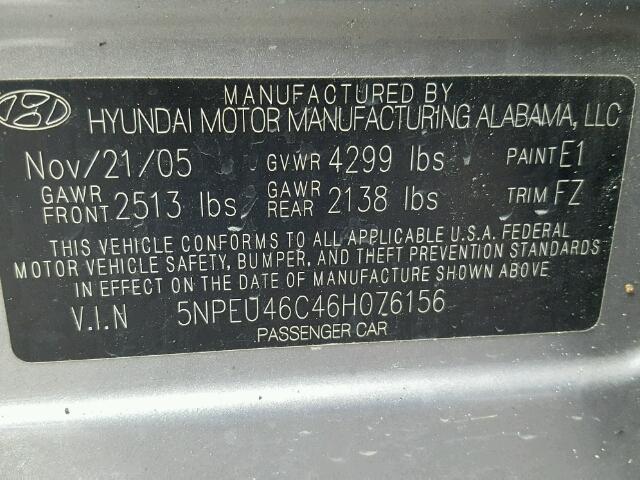 5NPEU46C46H076156 - 2006 HYUNDAI SONATA GRAY photo 10