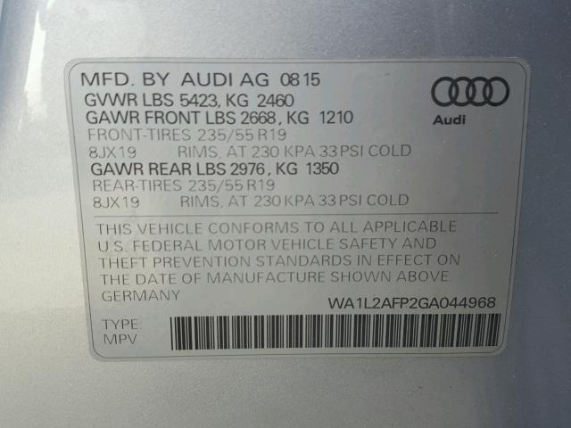 WA1L2AFP2GA044968 - 2016 AUDI Q5 PREMIUM SILVER photo 10