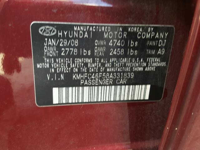 KMHFC46F58A331839 - 2008 HYUNDAI AZERA SE BURGUNDY photo 10