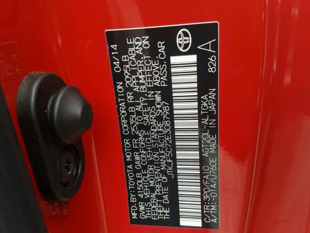 JTKJF5C72E3087987 - 2014 TOYOTA SCION TC 红色 照片 10