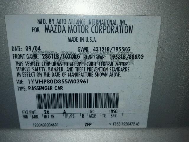 1YVHP80D355M03961 - 2005 MAZDA 6 S SILVER photo 10