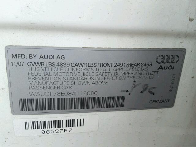 WAUDF78E08A115080 - 2008 AUDI A4 2.0T QU WHITE photo 10