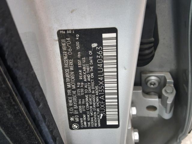 5UXFA135X4LU40363 - 2004 BMW X5 3.0I SILVER photo 10