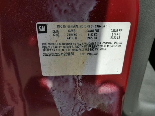 2G2WS522741259020 - 2004 PONTIAC GRAND PRIX BURGUNDY photo 10