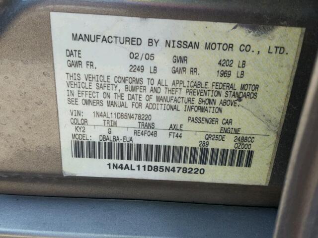 1N4AL11D85N478220 - 2005 NISSAN ALTIMA S BROWN photo 10